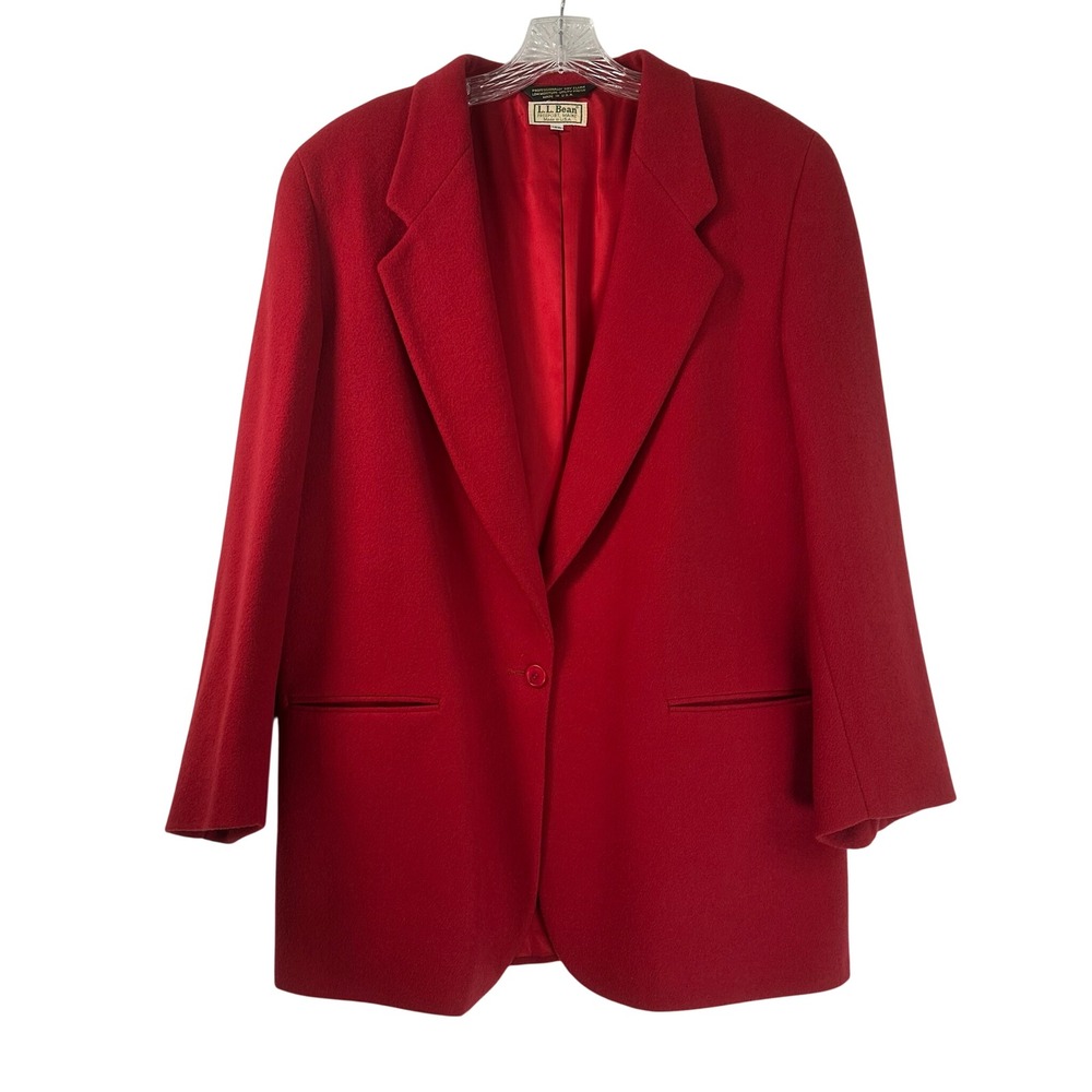 LL Bean Womens Red Wool Single Button Blazer Jacket Made in USA Size 16R